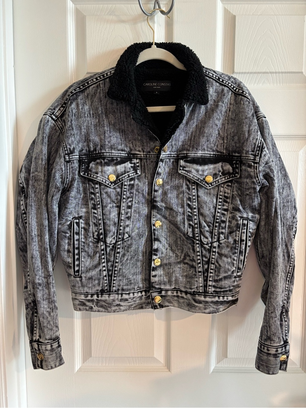 CAROLINE CONSTAS  Acid Wash Denim Fully Lined in black faux sherpa Size Small